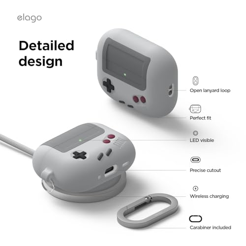 Image of elago AW5 Compatible with AirPods Pro 3 Case Cover - Classic Retro Handheld Game Console Design Case, Carabiner Included [Light Grey]