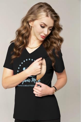 LUKYCILD Nursing Shirts for Breastfeeding Women Zipper Nursing Maternity Graphic Tee Mama Breast Feeding V Neck Tops Black — view 5