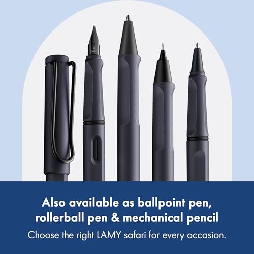 Image of Lamy Safari Steel Black Fountain Pen with Ergonomic Grip and Polished Steel Nib in Line Width B Robust ASA Plastic Includes Ink Cartridge T 10 Blue Right-Handed