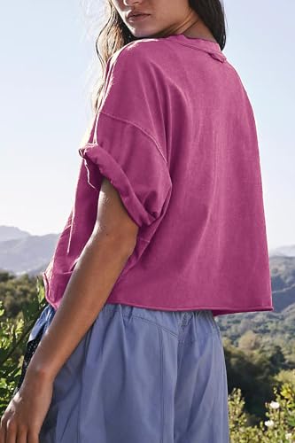Image of HUGOOME Womens Oversized Workout Crop Top Casual Short Sleeve Boxy Roll Hem