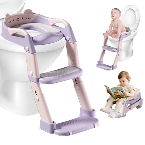 Bizcasa - Reductor De Inodoro Infantil 3 En 1 Para Niños, Asiento De Inodoro Para Niños, Asiento De Inodoro, Elevador De Inodoro Infantil Con Cojín Para Niños Y Niñas, Regulable En Altura Rosa