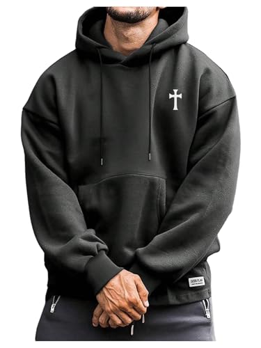 SOLY HUX Hoodies for Men Graphic Print Drawstring Drop Shoulder Long Sleeve Sweatshirt Pullover Tops Dark Grey Cross Large