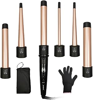 janelove Hair Curler, Curling Wand,6 in 1 Hair Iron Set for Long/Short Hair, with 5 Interchangeable Ceramic Barrel,Include Large/Small Hair Waver,Hair Crimpers with Heat Resistant Glove