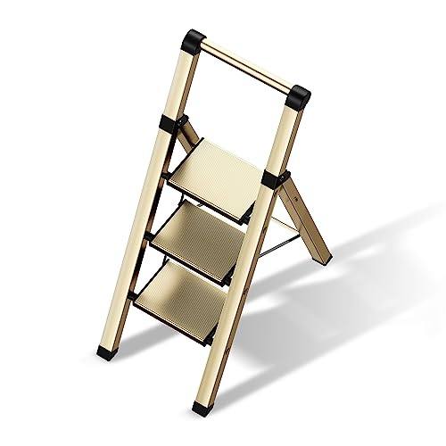 BEFITMACE 3 Step Ladder Folding Step Stool with Aluminum Wide Pedal& Convenient Handgrip 330lbs Capacity Steel Ladder for Household and Office(Gold)