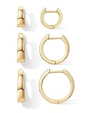 PAVOI 18K Yellow Gold Plated 925 Sterling Silver Posts Three Pairs Small Hoop Earrings for Women - Wide Huggie Earscape Piercing Pack - Gold Hoop Earrings Set