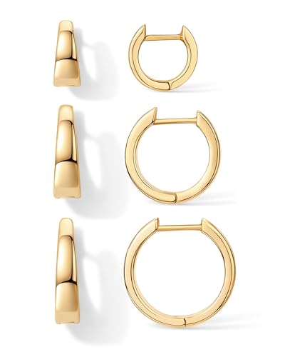 PAVOI 18K Yellow Gold Plated 925 Sterling Silver Posts Three Pairs Small Hoop Earrings for Women - Wide Huggie Earscape Piercing Pack - Gold Hoop Earrings Set