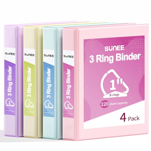 SUNEE Carpeta de 3 anillos en D de 1 pulgada, carpeta transparente de tres anillos sin PVC (se ajusta a 8.5 x 11 pulgadas) para suministros escolares u oficina, colores pastel surtidos, paquete de 4