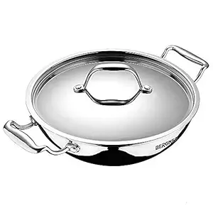 BERGNER Argent Tri-Ply Stainless Steel Deep Kadhai with Stainless Steel lid (26 cm, 4.5 Liters, Induction Base, Silver), Standard (BGIN-1544)