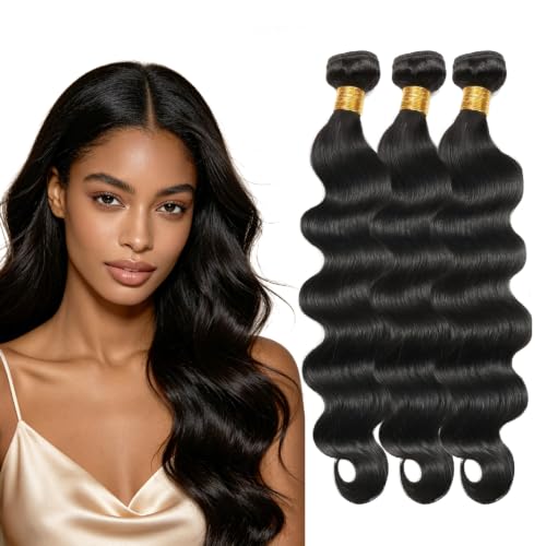EclatWigs Body Wave Bundles Human Hair, 3 Bundles, Natural Black,