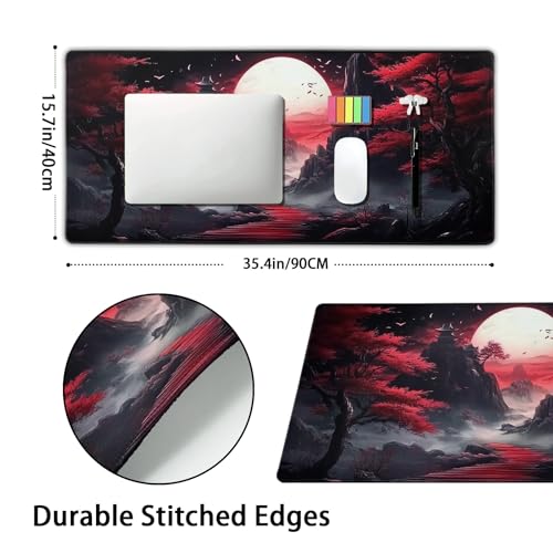 Image of Black Red Japanese Mouse Pad XXL Moon Sakura Cherry BLoosm Tree Extended Table Mat 90X40 cm Non-Slip Rubber Base Stitched Edge Large Mousepad for Gaming Laptop Computer Desk Top 35.4x15.7 Inch