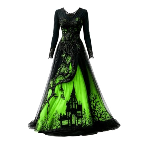 CHENXDZHAO Witch Dress For Women,Witch Dress For Women Sexy Long Sleeve V Neck Slim Fit Halloween Dresses Medieval Renaissance Gothic Vampire Costumes,Green,L - image 2