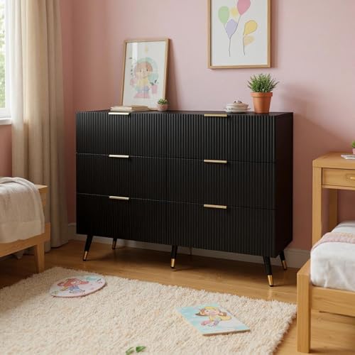 FurnitureR Black Kommode mit 6 Schubladen, Moderne Design, Kinderzimmer Aufbewahrung, Robuste Spanplatte, Ideal für Kleidung und Spielzeug