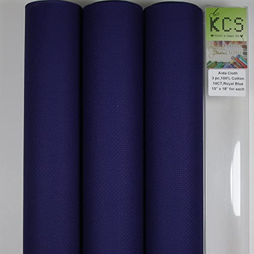 Image of KCS 3 pc of 15 inch x 18 inch Counted Cross Stitch Cotton Aida Cloth Needlework Rolled Fabric Box,14CT,Royal Blue