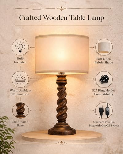 Image of Homesake Classic Twister Wooden Table Lamp with Shade | Handcrafted Bedside Lamp, E27 Holder| Bulb Included |Warm Light Night Lamp, Bedroom, Living Room, Study & Home Decor, KD Off-White Drum