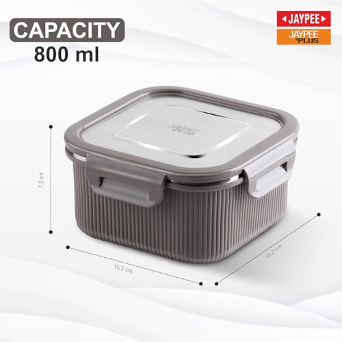 Image of Jaypee Plus Ultima Micro Seal Microwave Safe Air Tight Food Storage Container 800 ml Inner Stainless Steel Rib Design Spillproof Lunch Box for School, Office, Ideal for Snacks and Meal,Mirror Grey