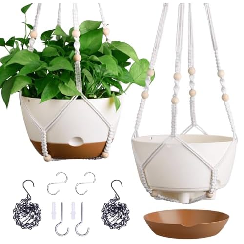 Set of 2-10 Inch Hanging Planters for Indoor Plants with Self-Watering Includes Hanging Pots for Plants, Outdoor Hanging Plant Pot with Drainage, and 2 Types of Hanging Baskets Hangers (White, 10inch)