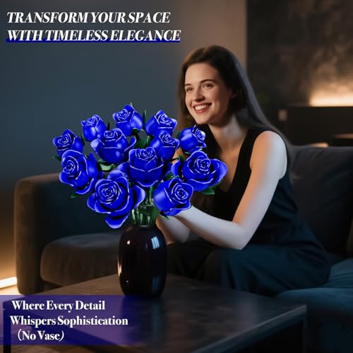 Rongmeiz Flowers Bouquet Building Set, 12 Artificial Blue Roses Botanical Collection Building Block Educational Toys for Girls Kids Women Gift for Valentine's Day Christmas, 634 PCS - image 3