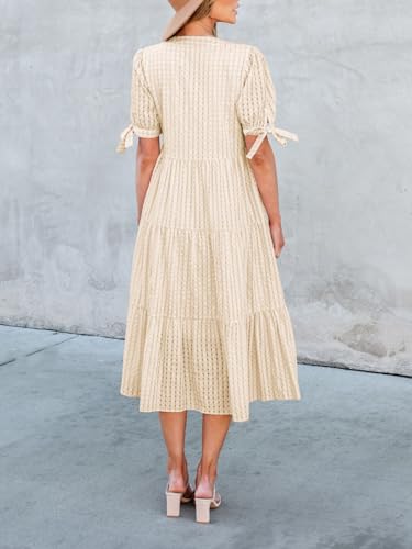 Image of Theenkoln Womens Casual Midi Dress: Short Sleeve V-Neck Empire Waist Gingham Spring Fashion Long Trendy Tiered Formal Dresses