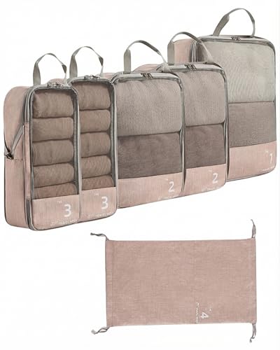 Image of USUAL Compression Packing Cubes for Travel Set of 6, Travel Organizer Pouches for Clothes, Luggage Organizer & Suitcase Storage Bags with Shoe Bag, Toiletry Pouch, Packing Cube Set, Beige