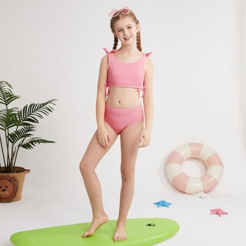 Girls 2 Pieces Swimsuits Solid Swimwear Bowknot Shoulder Strapes Bikini Set 9-16 Years Teen Girl Summer Bathing Suit2