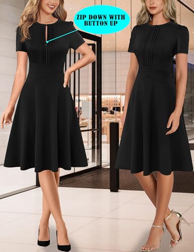 VFSHOW Womens Summer Work Business Dresses Pleated Crew Neck Front Zipper Button Office Slim A-line Fit and Flare Dress2