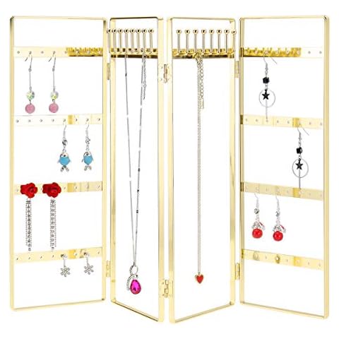 LEORISO 4-Panel Jewelry Organizer, Metal Jewelry Holder, Foldable Jewelry Hanger, Portable Jewelry Display Rack for Earrings, Necklaces & Bracelets (Gold) Cover