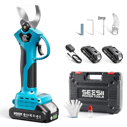 SEESII Electric Pruning Shears for Garden: 1.2" Cutting Diameter Cordless Power Pruner, 2*2000mAh Batteries, Brushless Motor, Extra SK5 Blade, 2 Modes Battery Powered Branch Cutter for Tree