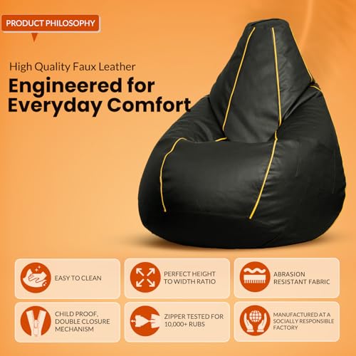 Image of Sattva Classic Piping XXXL Bean Bag with Pocket Filled with Beans | Faux Leather Teardrop Bean Bag for Adults & Teens | Pre-Filled Comfortable Seating for Home, Bedroom - Dark Green with Yellow Piping