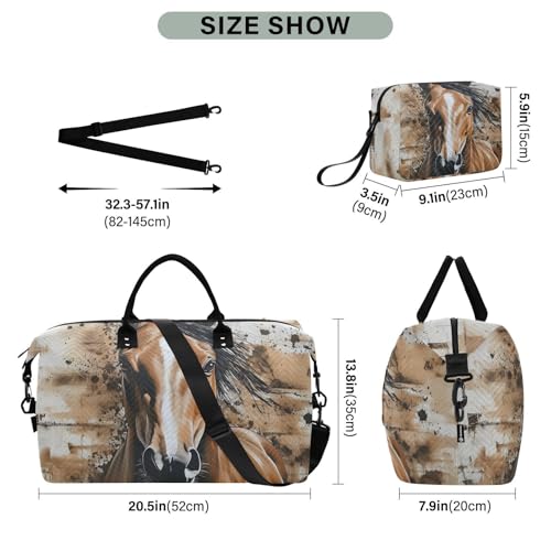 Horse Head Art Duffle Bag for Travel, Gym Bag with Multiple Interior Pockets for Men Women Overnight Box Included 20.5 x 1.9 x 13.8 In3