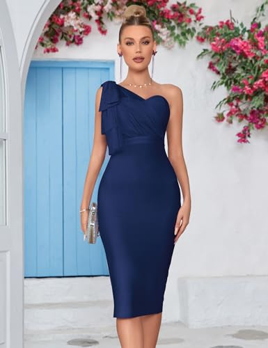 Image of Mesh One Shoulder Bow Bodycon Midi Graduation Birthday Dinner Dress Bandage Party Dress