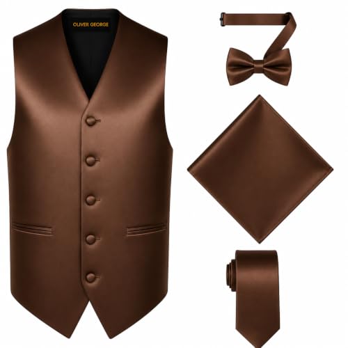 Image of Oliver George 4pc Men's Solid Formal Suit Waistcoat Tuxedo Dress Vest Necktie Bowtie Handkerchief Set for Suit or Tuxedo