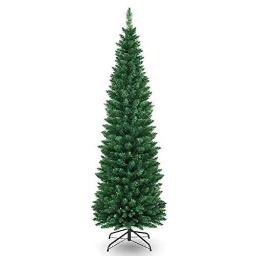 COSTWAY-6FT-Pencil-Christmas-Tree-Slim-Skinny-Hinged-Pine-Tree-with-PVC-Material-400-Branch-Tips-Solid-Metal-Legs-Unlit-Artificial-Xmas-Tree-for-Home-Holiday-Hotels-Outdoor-Decoration-Green COSTWAY 6FT Pencil Christmas Tree Slim Skinny Hinged Pine Tree with PVC Material 400 Branch Tips Solid Metal Legs Unlit Artificial Xmas Tree for Home Holiday Hotels Outdoor Decoration Green