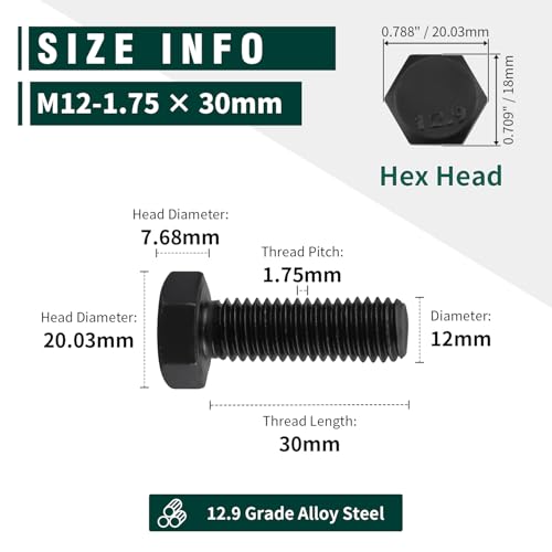 Image of M12-1.75 x 30mm Hex Bolts, 12.9 Grade Alloy Steel, Black Oxide Finish, Full Thread, Coarse Thread UNC, Hexagon Head Bolts 10 PCS