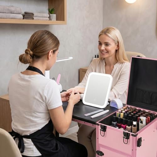 Image of Portable Manicure Table with 3 Drawers, Rolling Foldable Nail Desk with Detachable Mirror, Professional Makeup Train Case with Wheels and TSA Lock for Nail Techs & Salon Use