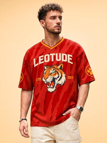 Image of LEOTUDE Men's Tiger Graphic Printed Oversized T-Shirt | Bold Black Sports Jersey Style Tee | Half Sleeve Casual Streetwear for Men's (Color:Black)