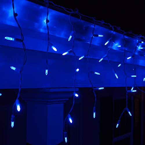 Wintergreen Lighting 70 M5 LED Blue Icicle Lights Outdoor Colored Icicle Lights, 7' on White Wire, Blue Icicle Christmas Lights Mini Icicle Lights LED Holiday Icicle Lights (M5 Lights, Blue)