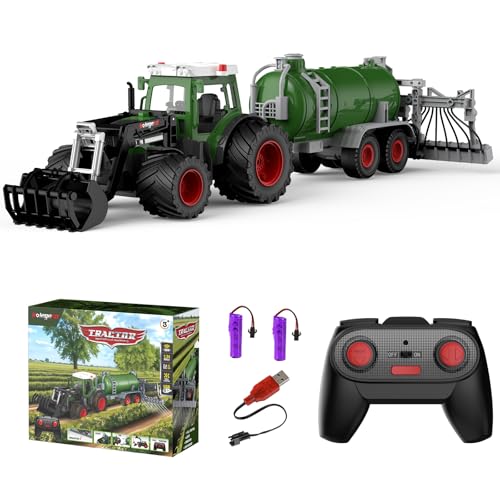 kolegend Remote Control Tractor with RC Irrigation Trailer & Front Loader, Kids RC Tractor Toy 2.4Ghz Remote for Driving and irrigating, 8 Wide Wheels &Lights, Farm Toy for Kids Ages 3+