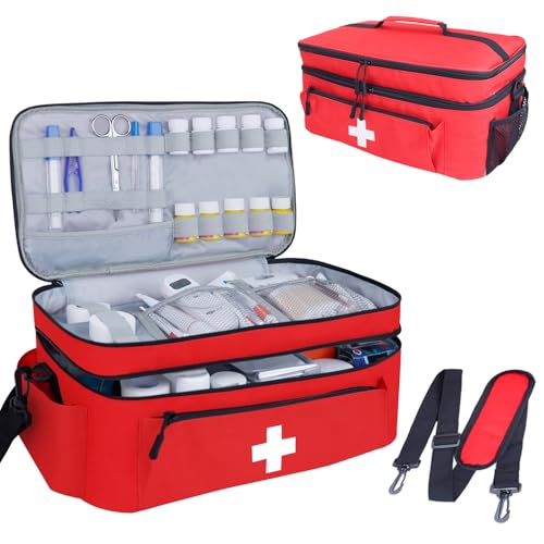 ALSLEA First Aid Bag Empty Large Medical Bag with Shoulder Strap 16”x 9½” x 7” Medicine Organizer Box Travel First Aid kit Emergency Supplies Storage Bag for Car, Home, Office, Outdoor (Red)