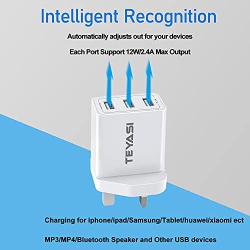 TEYASI Multi USB Plug Charger,3-Port USB Wall Plug Adaptor UK 3.1A Mains Charge with Smart Device-Adaptive Fast Charging Technology for iPhone 11 11 Pro XS Max XR X 8 Plus 7 6,Samsung S9 S8 S7,iPad