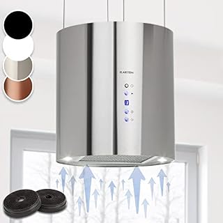 Klarstein Barett island cooker hood - kitchen extractor fan, extractor hood , Ø 35cm , 190 W Motor , Max. 560 m³ / h Circulating Air , 3 Power Levels , LED Cooking Surface Lighting , Steel - Silver