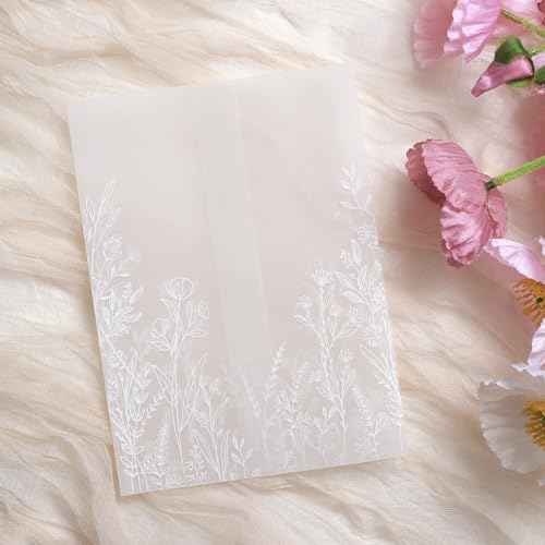 ABIDISO 50 Pack Vellum Jackets for 5x7 Invitations - Pre-Folded 130GSM Translucent Paper Wraps for Wedding, Baby Shower, Birthday (Wildflower Pattern)