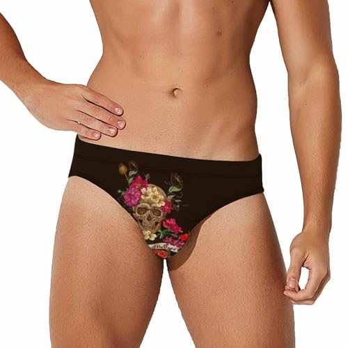 JiuPopular Traje de baño para hombre, con lunares negros, pantalones cortos deportivos, ropa interior sexy para verano, surf, playa, Floral Sugar Skull Día de los Muertos, L