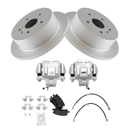 Image of TRQ Rear Brake Pad and Rotor Set Semi Metallic Coated Rotors Calipers Compatible with 2004-2007 Toyota Highlander with All Wheel Drive
