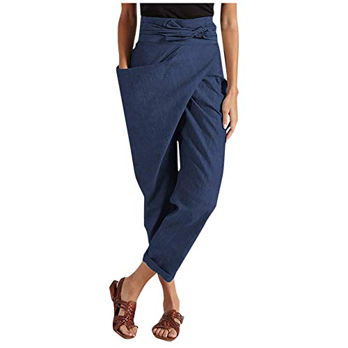 Women's High Up Casual Loose Pants Lace Waisted One Side Pocket Comfort Solid Color Women's Casual (Dark Blue, XXL)