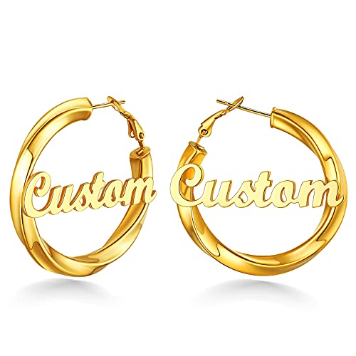 Custom4U Bamboo Hoop Earrings for Women Gold/Silver/Black Large Name Earrings Personalized - Hypoallergenic Lightweight Big Thick Hoops 30/40/50/60/70/80mm - Custom Made Birthday Christmas G