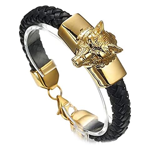 Granny Chic Stainless Steel Mens Wolf Head Charm Chain Bracelet with Black Genuine Braided Leather(Gold) Cover
