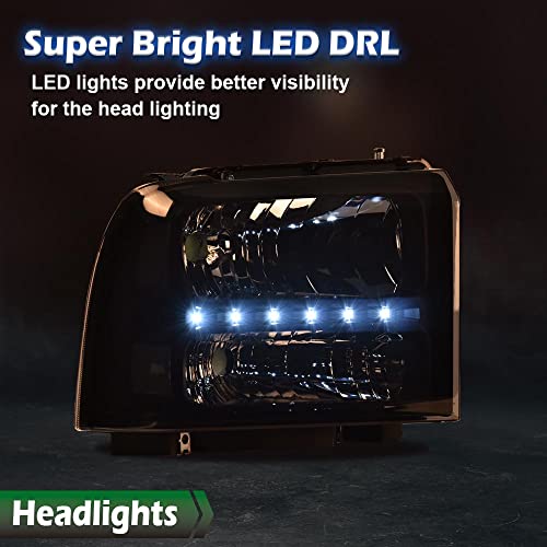 Image of GRAND ORANGE LED DRL Headlights Assembly, Compatible with 2005 2006 2007 Ford F250 F350 F450 F550 Super Duty bumper Headlamp, Amber Corner Headlight(Smoky lens Black Housing Clear Reflector)