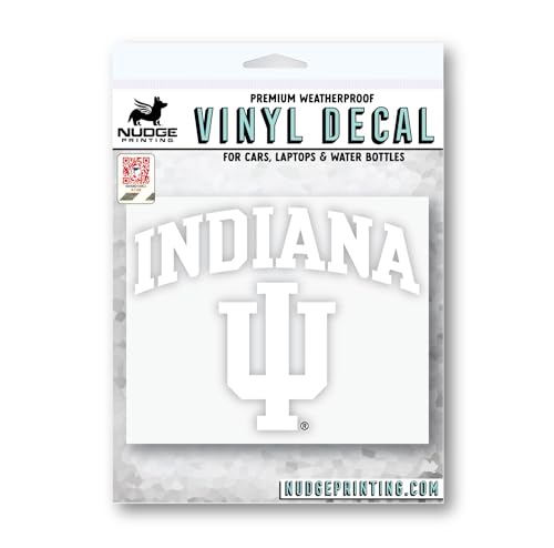 Image of Indiana University Hoosiers Arched Indiana Over IU Trident White Weatherproof Vinyl Sticker Car Decal from Nudge Printing
