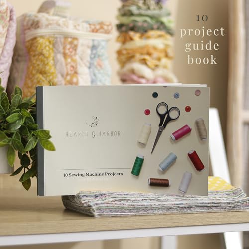Image of Hearth & Harbor Mini Sewing Machine for Beginners, Dual Speed Small Portable Sewing Machine for Kids and Adults with Extension Table, 122 Piece Gift Set Includes, Fabrics, Project Book and More, Green
