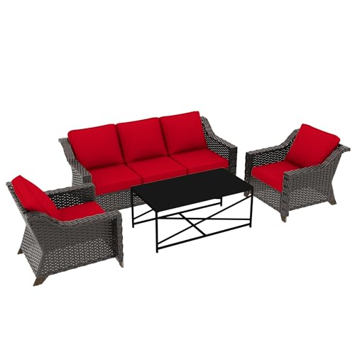 Image of 4 Pieces Outdoor Conversation Furniture Set - 77 inch Patio Sofa, 2 Wicker Armchairs, 1 Metal Coffee Table, Patio Wicker Furniture Set with Water-Resistant Cushions for Sunroom (Red) | Patio Chair Set with Olefin Removable Cushion, All-Weather Outdoor Couch with Deep Seat for Porch, Deck and Backyard, Red
